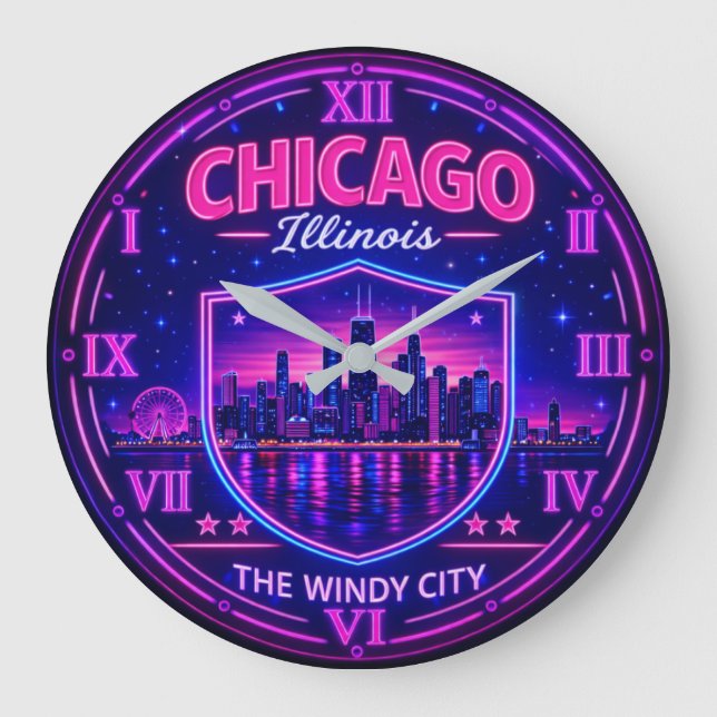 Chicago Illinois Skyline Windy City Neon Stor Klocka (Framsida)