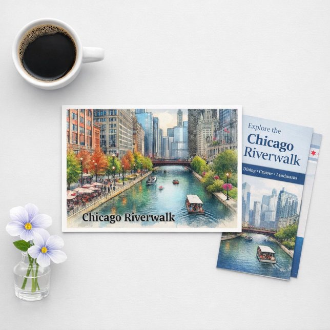 Chicago Illinois Stad Flod vykort (Chicago Riverwalk postcard urban charm, autumn color, and skyline magic in every detail)