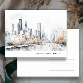 Chicago Illinois Stad Landskap Akvarell Resa Vykort