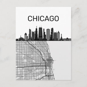 Chicago Illinois Stadssiluett Med Karta Vykort