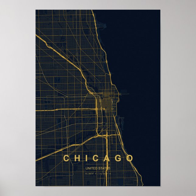Chicago Illinois Stiliskt Karttryck | Modern Höjd Poster (Framsidan)