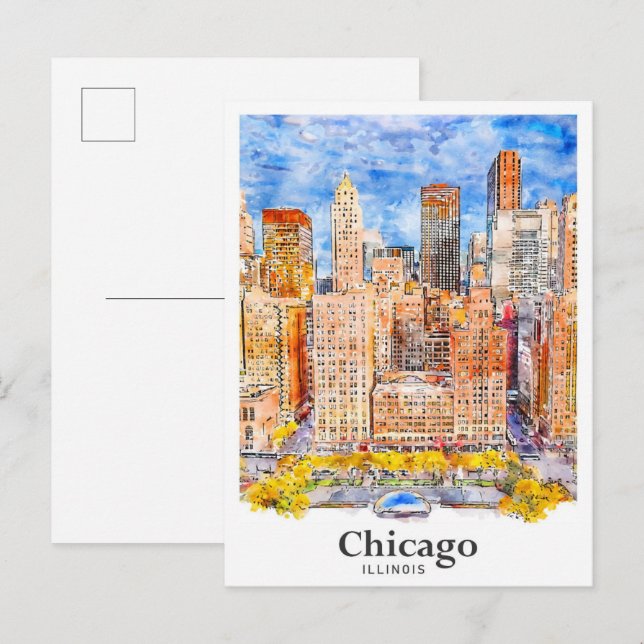 Chicago Illinois Travel Watercolor Hand plockade Vykort (Fram/baksida)
