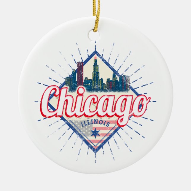 Chicago Illinois United Stater Retro Skyline USA Julgransprydnad Keramik (Framsidan)