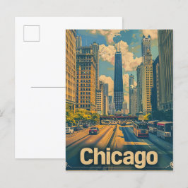 Chicago Illinois Vintage Retro Travel Illustration Vykort