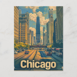 Chicago Illinois Vintage Retro Travel Illustration Vykort