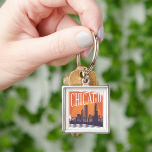 Chicago Illinois Vintage Skyline Fyrkantig Silverfärgad Nyckelring