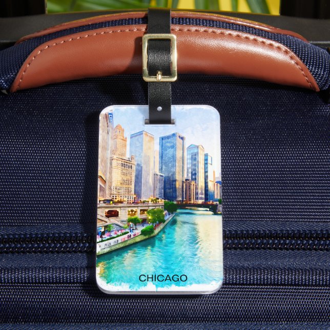 Chicago Illinois Watercolor City View Bagagebricka (Framsida Insitu 2)