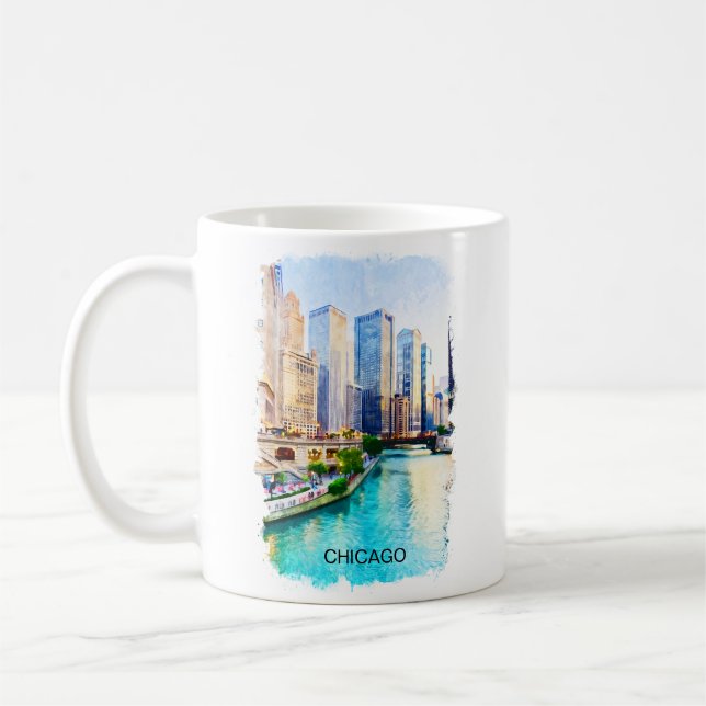 Chicago Illinois Watercolor City View Kaffemugg (Vänster)
