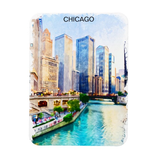Chicago Illinois Watercolor City View Magnet (Vertikal)