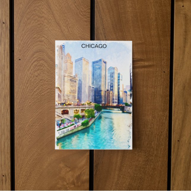 Chicago Illinois Watercolor City View Vykort (chicago illinois skyline watercolor postcard)