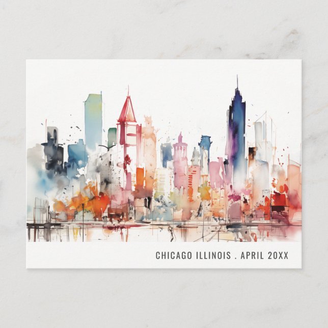 Chicago Illinois Watercolor Landscape Travel Vykort (Framsida)