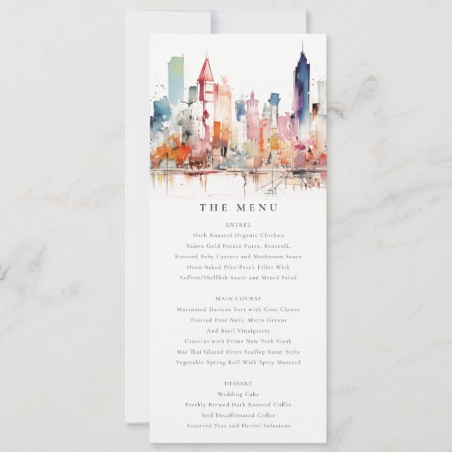 Chicago Illinois Watercolor Scape Wedding Menu Inbjudningar (Framsida)