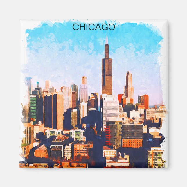 Chicago Illinois Watercolor Skyline View Magnet (Framsidan)
