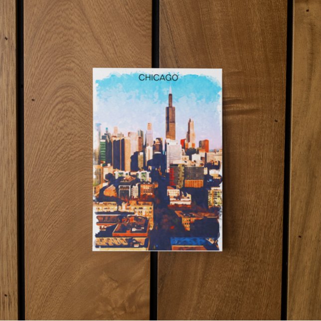 Chicago Illinois Watercolor Skyline View Vykort (chicago skyline watercolor city postcard)