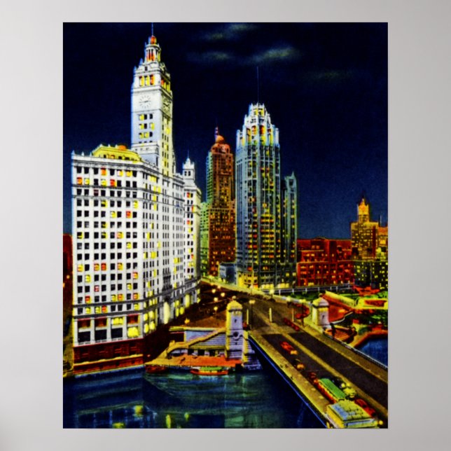 Chicago Illinois Wrigley Byggnad by Night Poster (Framsidan)