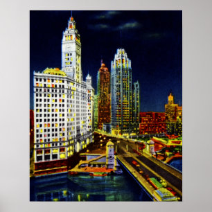 Chicago Illinois Wrigley byggnader vid natt Poster