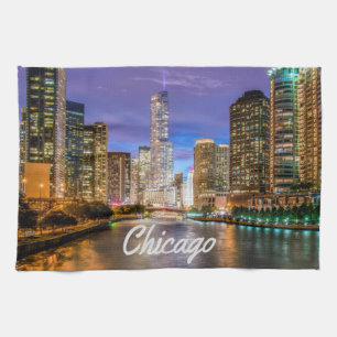 Chicago Illinos City At Night Kökshandduk