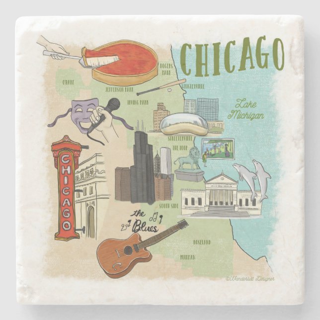 Chicago Illustrated Karta Stone Underlägg (Framsidan)