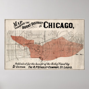 Chicago Karta från 1871 efter brand återställd Poster