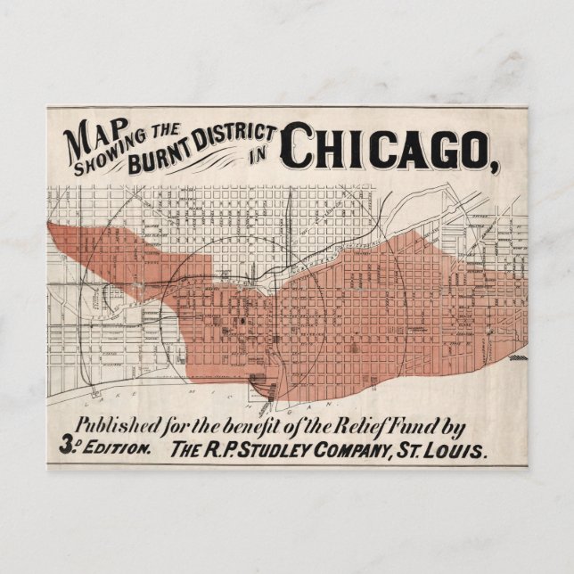 Chicago Karta från 1871 efter brand återställd Vykort (Framsida)