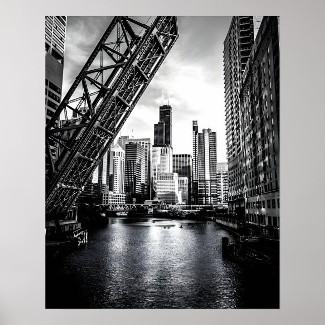 Chicago Kinzie Street Bridge Black and White Poster (Framsidan)