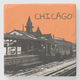 Chicago L 1950 Watercolor Sepia Photograph Tunnelb Underlägg Sten