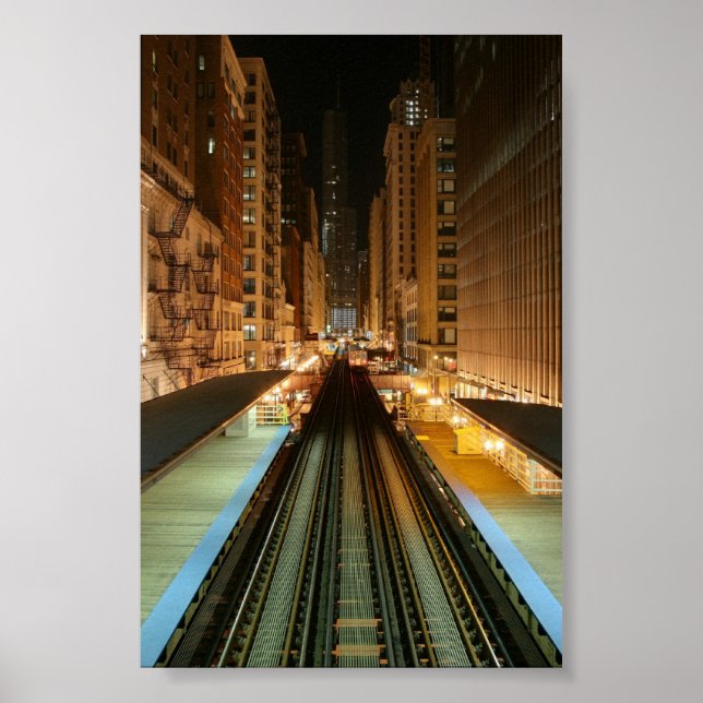 Chicago 'L' Station i natt Poster (Framsidan)