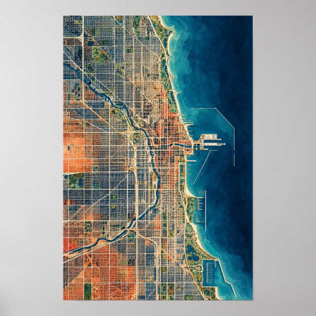 Chicago Lakefront Flygvy Stadskarta Väggkonst (Framsidan)