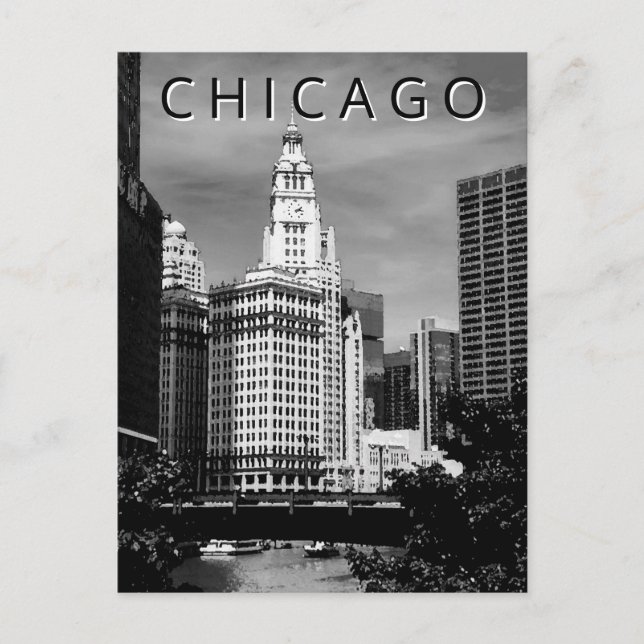 Chicago LT Wind City Vattenfärg Svart Vitt Vykort (Framsida)