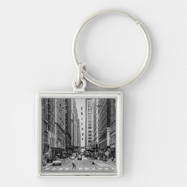 Chicago Madison Street Grayscale Keychain Fyrkantig Silverfärgad Nyckelring (Framsidan)