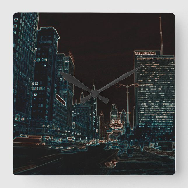 Chicago Michigan Avenue 1960's Glowing Kant Black Fyrkantig Klocka (Framsida)