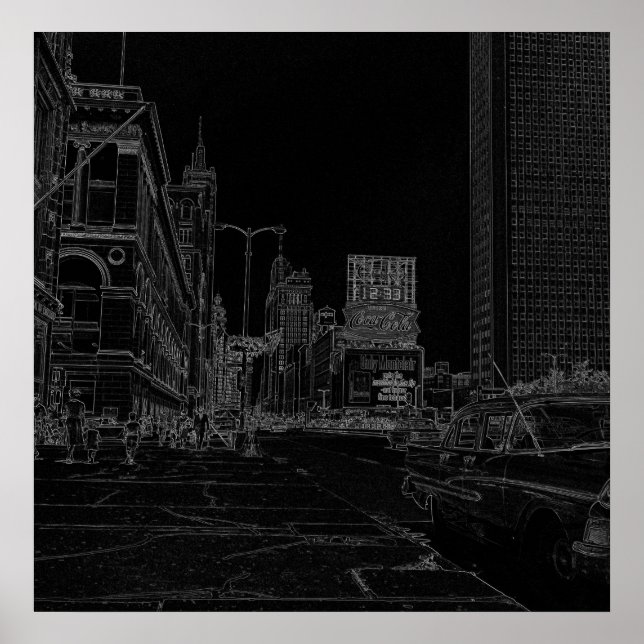 Chicago Michigan Avenue 1960's Glowing Kant Black Poster (Framsidan)