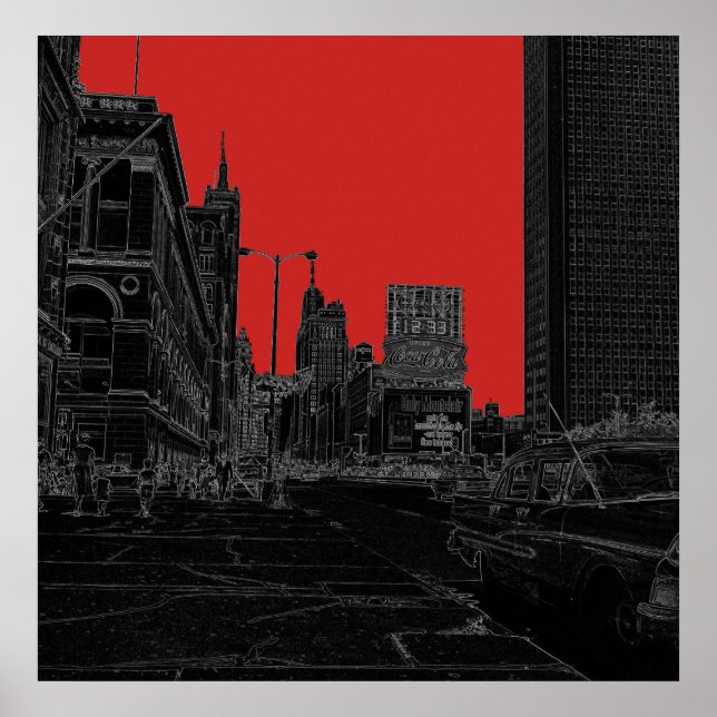 Chicago Michigan Avenue 1960's Glowing Kant Black Poster (Framsidan)