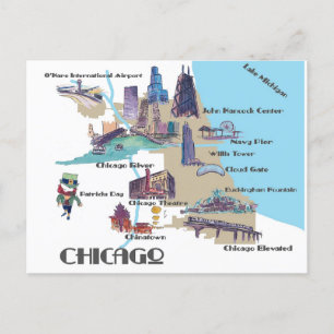 Chicago Michigan karta med sevärdheter Vykort