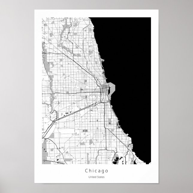 Chicago Modern Minimal Black and White Line Karta Poster (Framsidan)