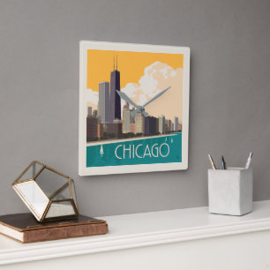 Chicago Modern Skyline Fyrkantig Klocka