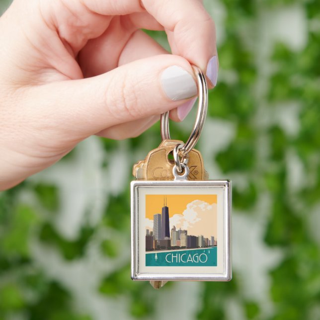 Chicago | Modern Skyline Fyrkantig Silverfärgad Nyckelring (Hand)
