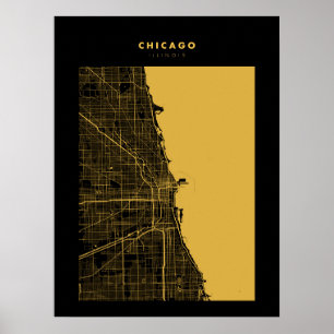 Chicago Mörk Guld City Karta Poster