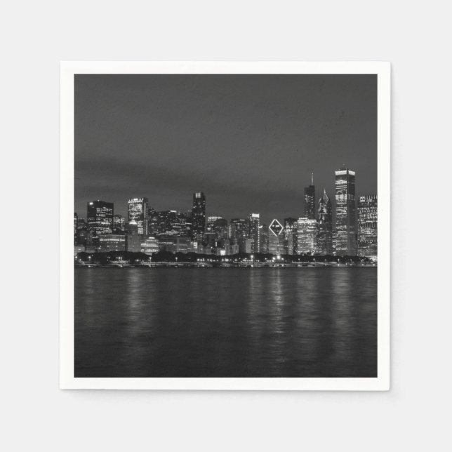 Chicago Nattlig Stadsscen Gråskala Pappersservett (Framsidan)