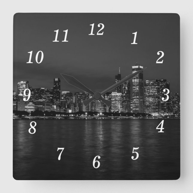 Chicago Nattlig Stadsscen Grayscale Väggklocka (Framsida)