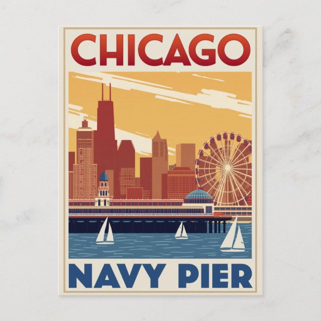 Chicago Navy Pier Skyline Retro Vykort (Framsida)