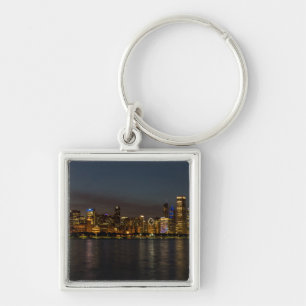 Chicago Night Cityscape Fyrkantig Silverfärgad Nyckelring