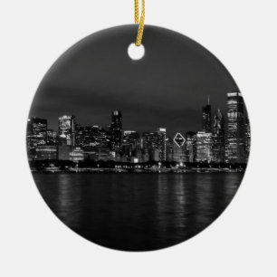 Chicago Night Cityscape Gråskala Julgransprydnad Keramik