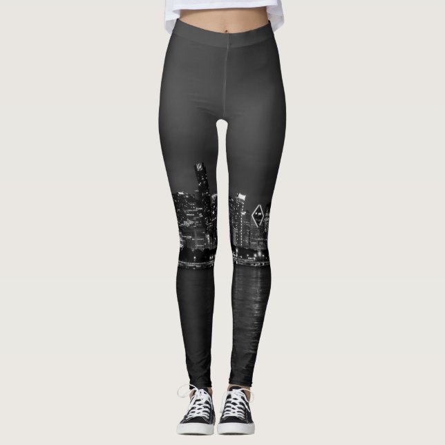 Chicago Night Cityscape Gråskala Leggings (Framsida)