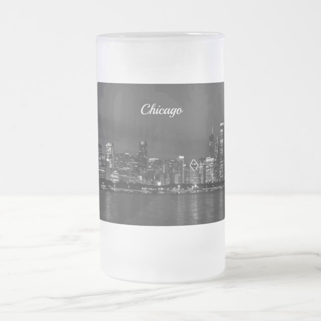 Chicago Night Cityscape Grayscale Frosted Mugg (Center)