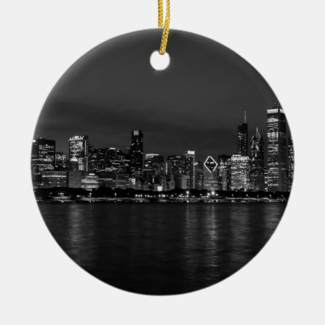 Chicago Night Cityscape Grayscale Julgransprydnad Keramik (Framsidan)