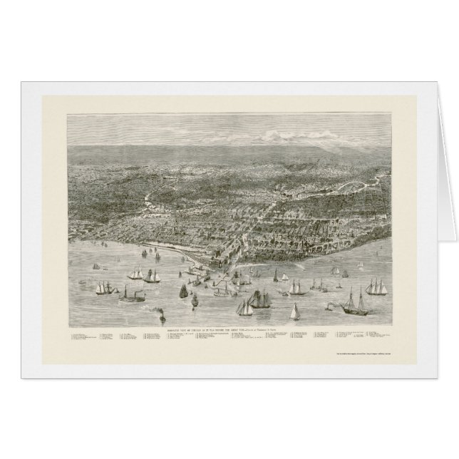 Chicago panorama- karta för IL - 1871 Hälsningskort (Framsidan Horizontal)