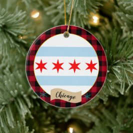 Chicago, Red buffalo plaid & Chicago Flagga Julgransprydnad Keramik