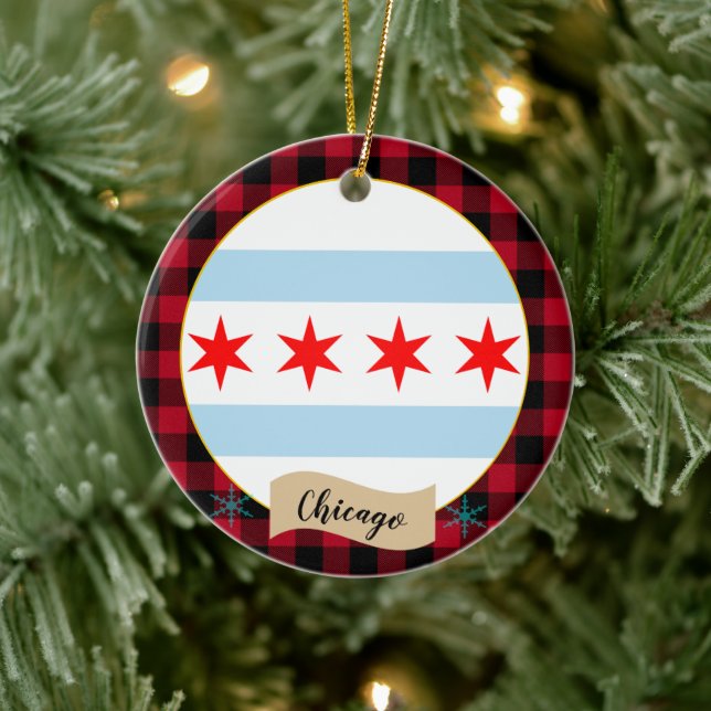 Chicago, Red buffalo plaid & Chicago Flagga Julgransprydnad Keramik (Träd)
