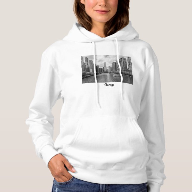 Chicago River och Trump Torn Grayscale Hoodie T Shirt (Framsida)
